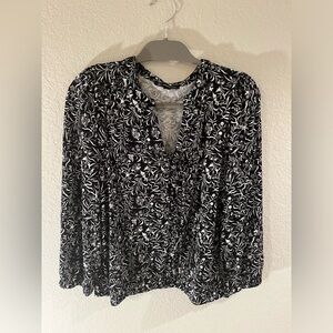 INC Black and White Floral Lace up Long Sleeve blouse